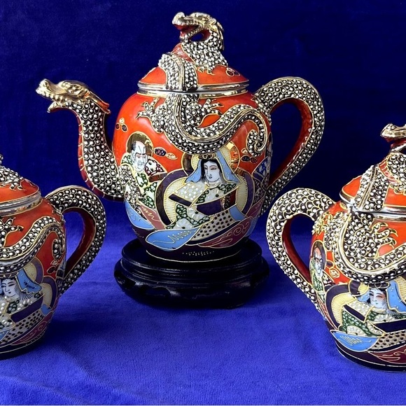 Antique Japanese Satsuma Dragonware Moriage Gold Tea Set - Hand Painted - Picture 7 of 16